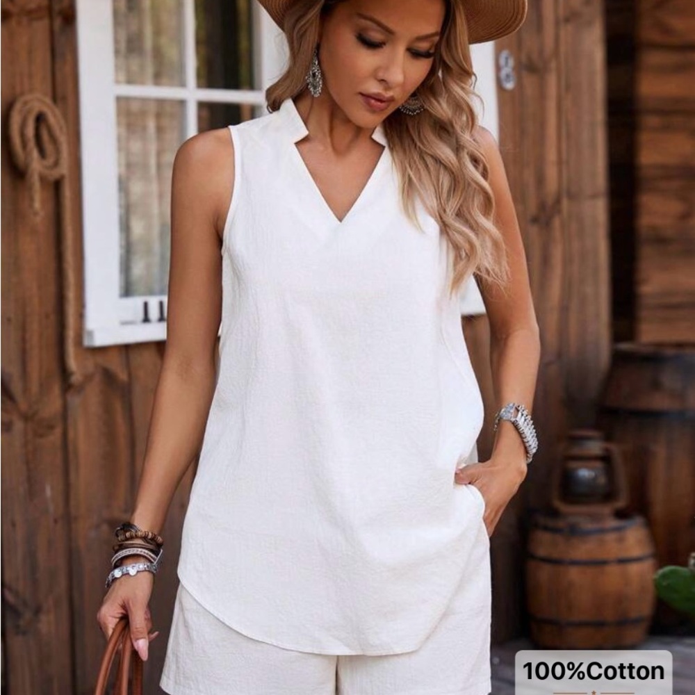 White Sleeveless V-Neck Tunic Top and Shorts